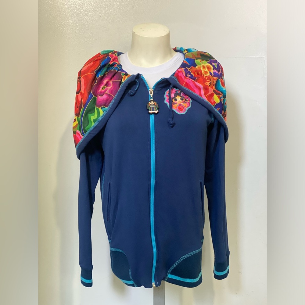 ¡Ay Güey! Floral Blue Hoodie - Unique Statement Piece - Size Large